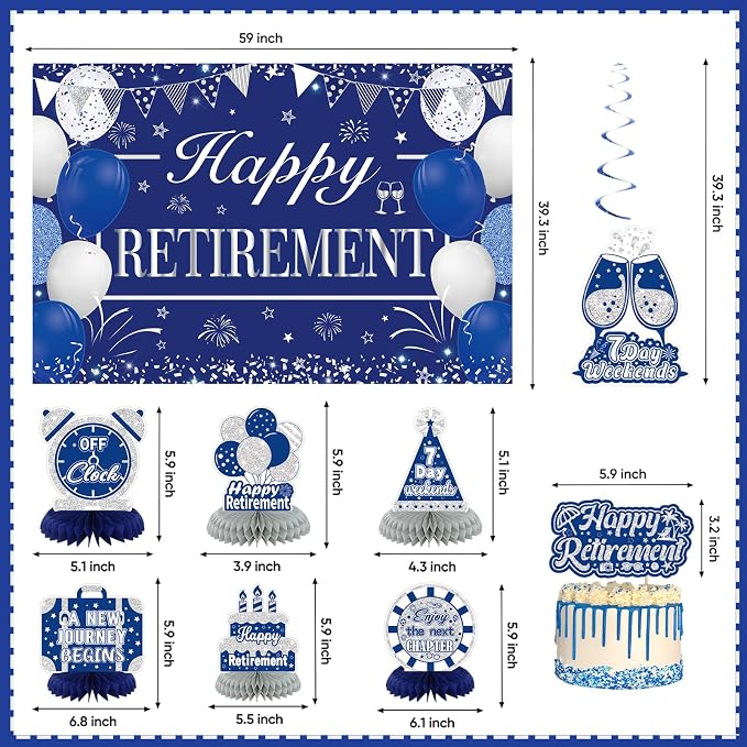 Retirement Party Decorations for Men Women Blue Silver Happy Retirement Banner - Image 3