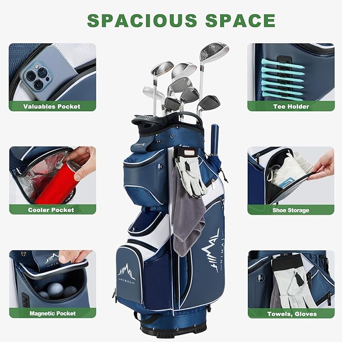14-Way Golf Cart Bag with Full Length Divider, Premium PU Leather Golf Bag with Plush Top, Magnetic Pocket and Rain Cover for Men