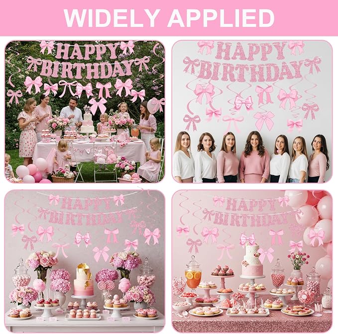Glitter Pink Bow Happy Birthday Banner - Image 4