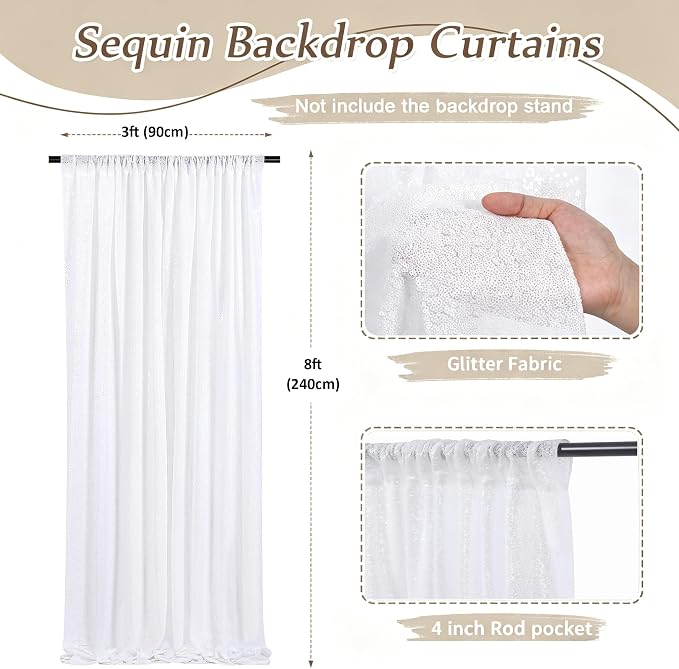 White Sequin Backdrop Curtains-1 Panel 3FTx8FT White Backdrop - Image 2