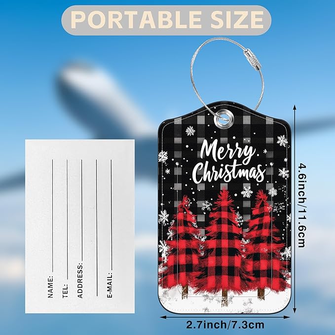 2 Pack Luggage Tags for Suitcases Red and Black Checkered Christmas Tree Leather Luggage Tags Privacy Cover ID Label with Stainless Steel Loop and Address Card for Women Men Travel Bag Backpack
