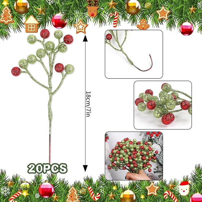 Fangoo 20 Pack 7 Inch Artificial Green Red Berry Picks - Image 3