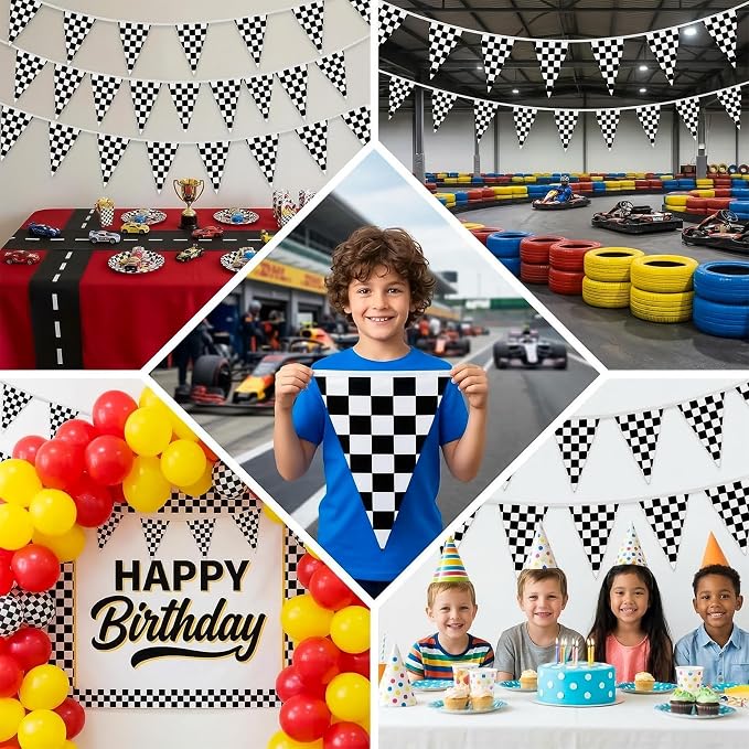 Black and White Checkered Pennant Banner | 5PCS Race car party banners - Image 5