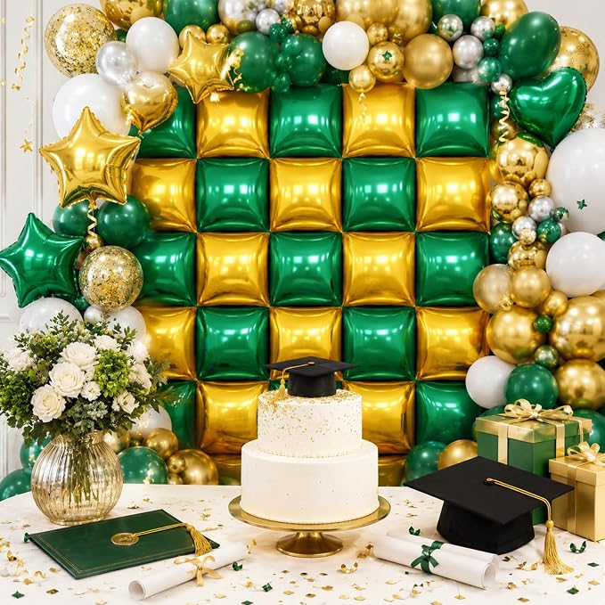 Metallic Dark Green and Gold Double Sided Square Foil Balloons Wall, 19 Inches - Image 4