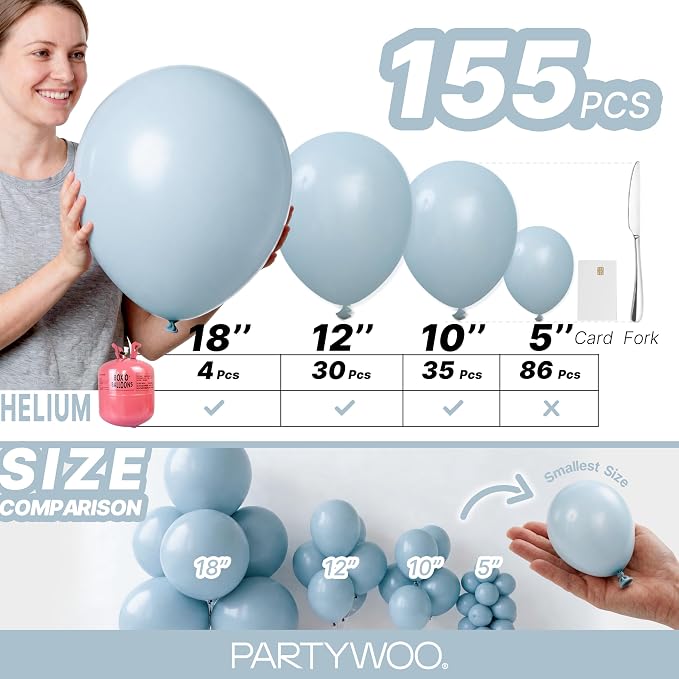 PartyWoo Dusty Blue Balloons 155pcs Light Blue Aqua Boho Color | 18 12 10 5 - Image 6