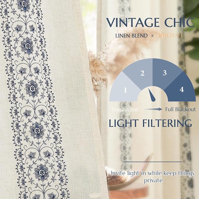 jinchan Floral Linen Curtains Embroidered Back Tab 50x108in 2 Panels Blue | - Image 6