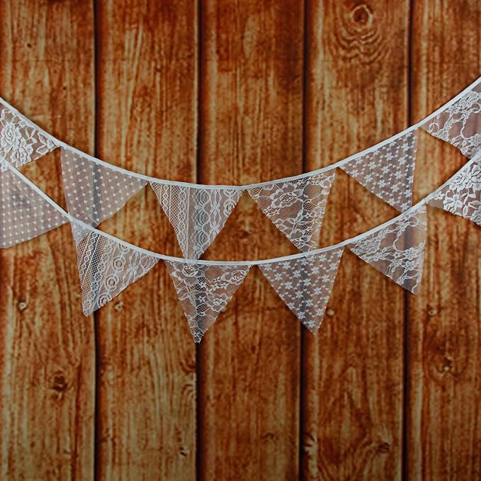 LOVENJOY White Floral Lace Pennant Banner, Fabric Triangle Lace Bunting Flag by LOVENJOY