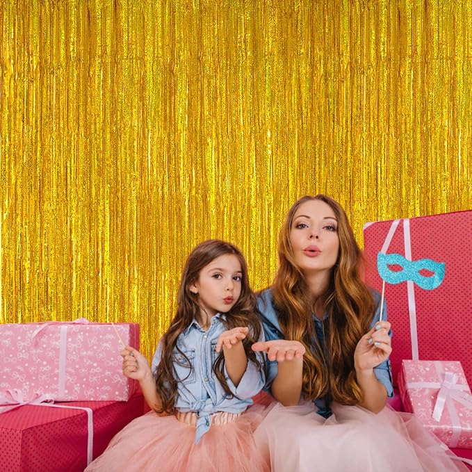 2 Pack 3.2ft x 8.2ft Gold Metallic Foil Curtains, Big Laser Glitter Fringe Rain - Image 3