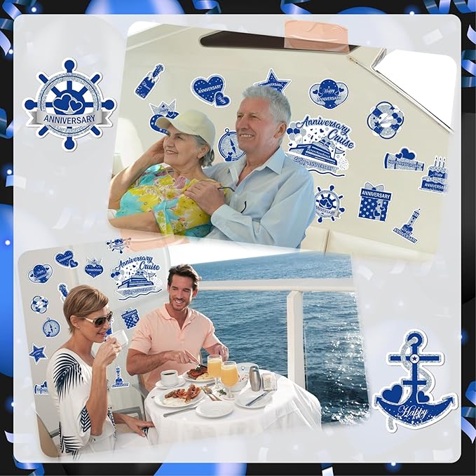 Happy Anniversary Cruise Door Magnets Decorations, Blue Silver Happy Anniversary Cruise Ship Door Decor Magnetic for Married Men Women Wedding Party Refrigerator Fridge Car Kitchen Garage Personalized