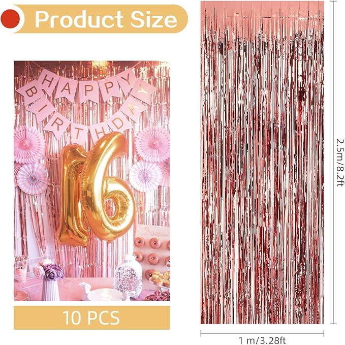 10 Pack Rose Gold Backdrop Curtain 3.2ft x 8.2ft Metallic Tinsel Foil Fringe - Image 3