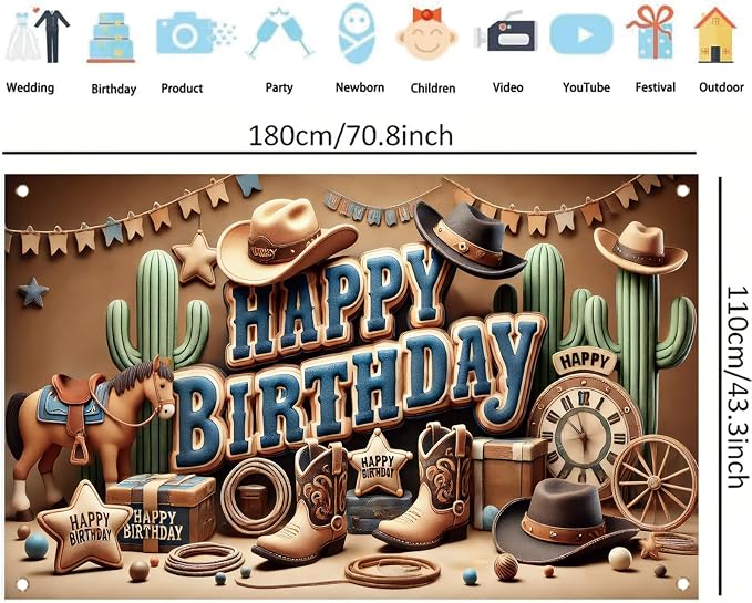 Western Cowboy Happy Birthday Banner Backdrop Rustic Wild West House Barn Photo - Image 4