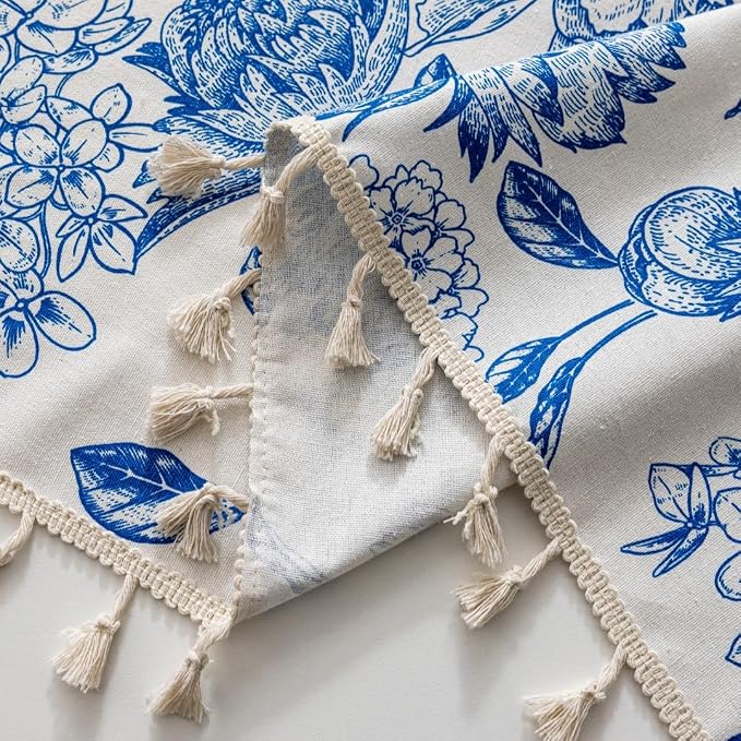 F-CHU Blue Floral Farmhouse Curtains Living Room Drapes 84 Inch Length Cotton - Image 6