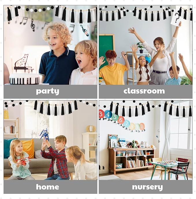 HunnmingRe 3 Pcs Black and White Tassel Garland Pom Pom Hanging Decor | Back to - Image 6