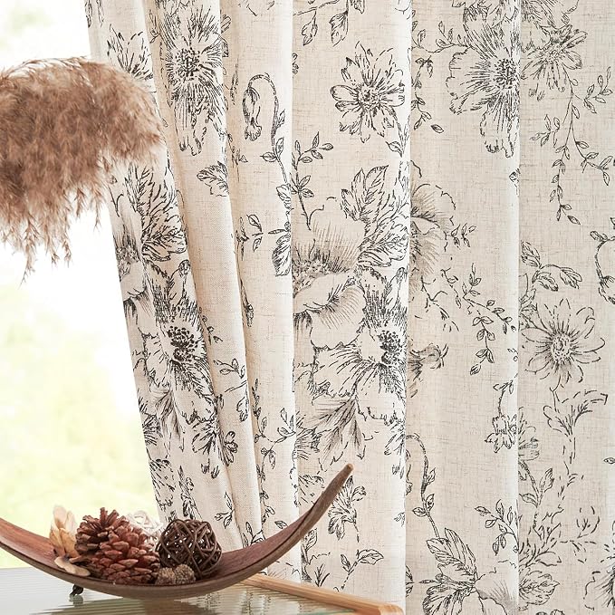 jinchan Black Floral Linen Curtains 54 Inch Vintage Back Tab 2 Panels | Light by JINCHAN