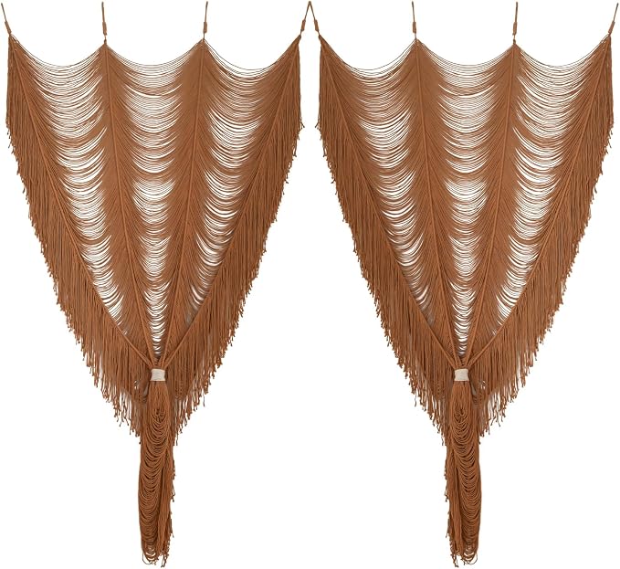 2 Panels Macrame Curtains 59" W x 75" H Handwoven Brown Room Divider Door | - Image 4