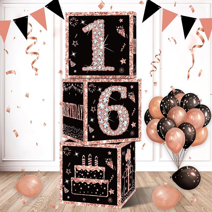 Eiurteao 3pcs Rose Gold 16th Birthday Decorations Boxes by Eiurteao