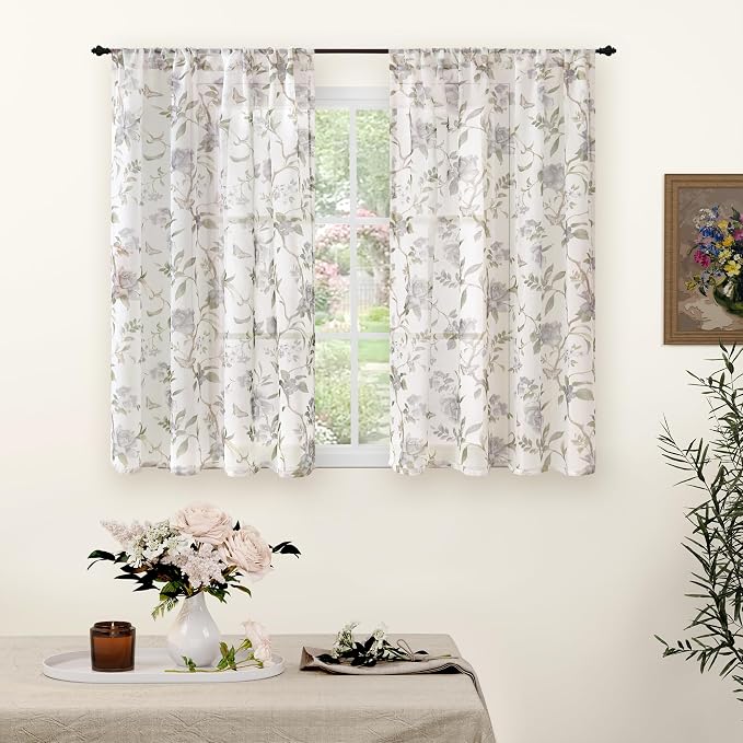 Sheer Curtains 54 Inch Length 2 Panels Set, Floral Patterned Linen Look by Lajode