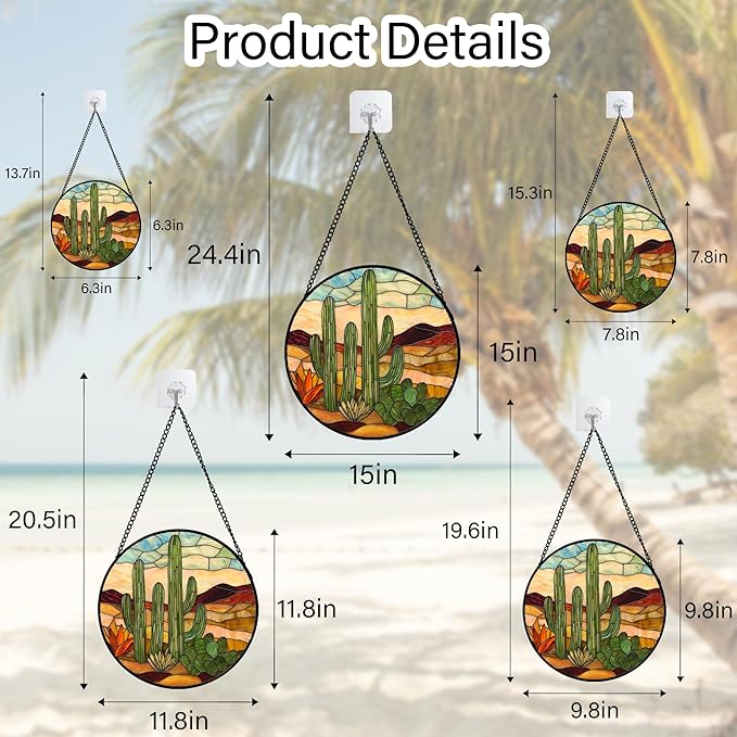 Stained Glass Window Hanging, Green Cactus Sun Catcher for Door Terrace Garden Home Decor, Abstract Desert Landscape Suncatcher Birthday Gifts for Lovers Women Men Dad Mom Nana 6.3