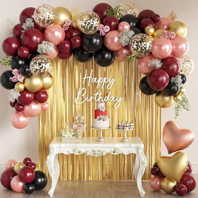 157PCS Burgundy Gold Black and Rose Pink Balloons Arch Garland Kit by MEBAY