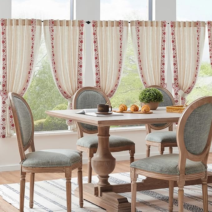 jinchan Red Floral Embroidered Short Linen Curtains 54×54 Inches 2 Panels | - Image 8