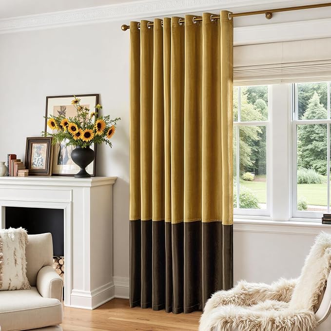 Brown Gold Velvet Blackout Curtains Luxury Decor 120 inches, Color Block | - Image 6