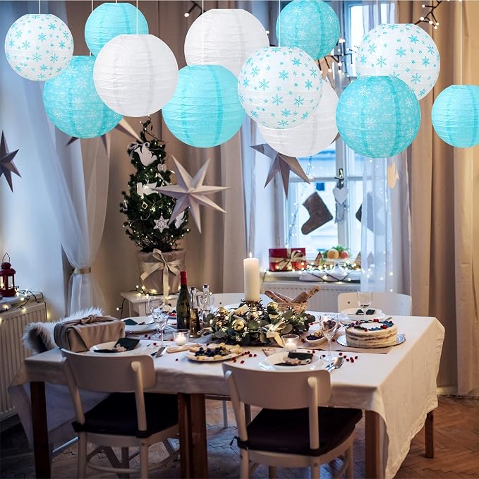 Panelee 12 Pcs Winter Party Decorations Paper Lanterns 8 Inch Blue White Round - Image 4