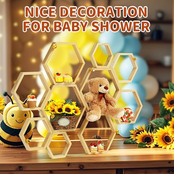 Gerrii 10 Pcs Honey Comb Decorations 5 Sizes Wood Hexagon Shelves Honeycomb - Image 6