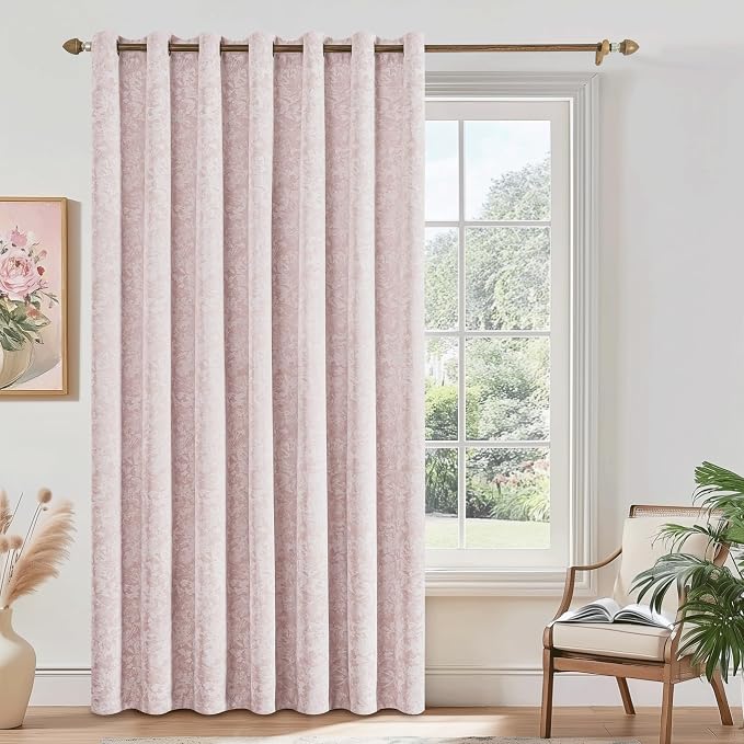 Beauoop Pink Floral Jacquard Blackout Sliding Door Curtains 100x84 1 Set | by Beauoop