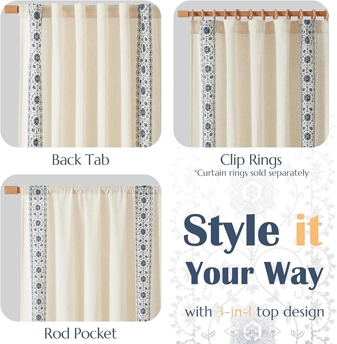 jinchan Floral Linen Curtains Embroidered Back Tab 50x108in 2 Panels Blue | - Image 7