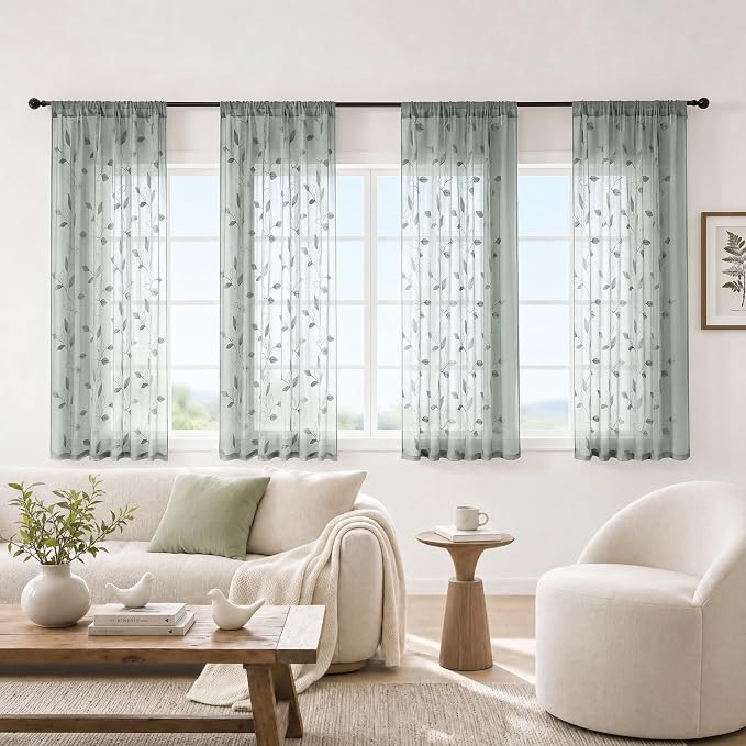 HOMEIDEAS Sage Green Sheer Curtains 52 x 54 Inch Length 2 Panels Embroidered - Image 2