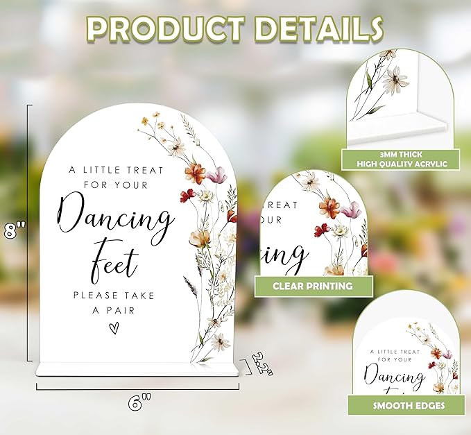 Boho Floral Dancing Feet Sign, 6 x 8 Inch White Arch Acrylic Wedding Sign with Holder, Wedding Sign for Ceremony and Reception, Wedding Decoration, Wedding Supplies - BX24