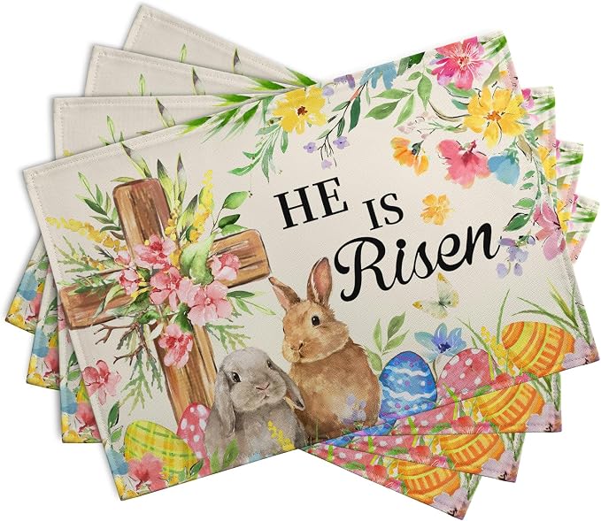He is Risen Easter Placemats Set of 4 12x18 Inch Bunny Floral Cross Table Mats - Image 2