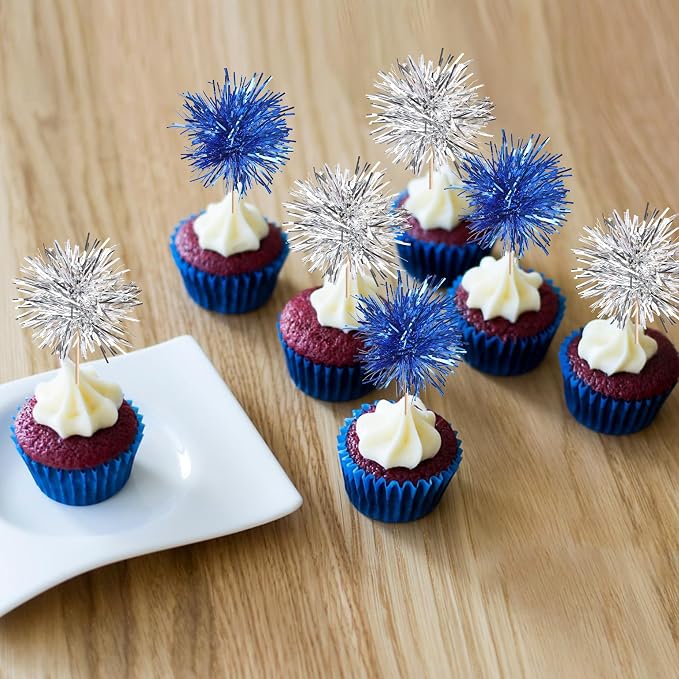 40 PCS Foil Firework Cupcake Toppers Sparkle Tinsel Cupcake Picks Fireworks - Image 5