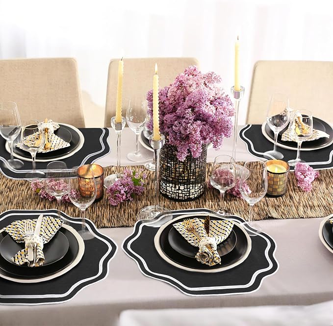 6 Pcs Black Wedding Placemats Scalloped Embroidered Cotton Linen Placemats 17" - Image 4