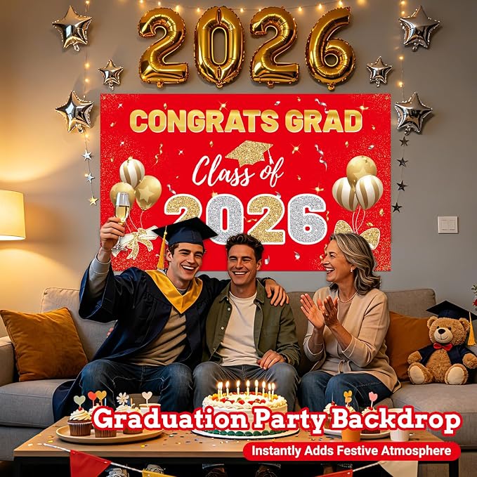 STARSIDE 2026 Graduation Backdrop 70.8x43.3 Inch Red Gold | Congrats Grad - Image 6