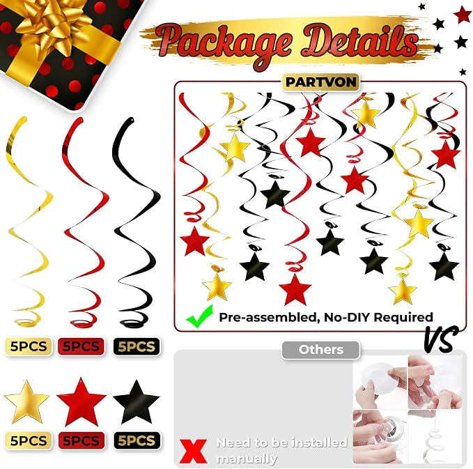 Red Black Gold Star Hanging Swirl Decorations - Image 3