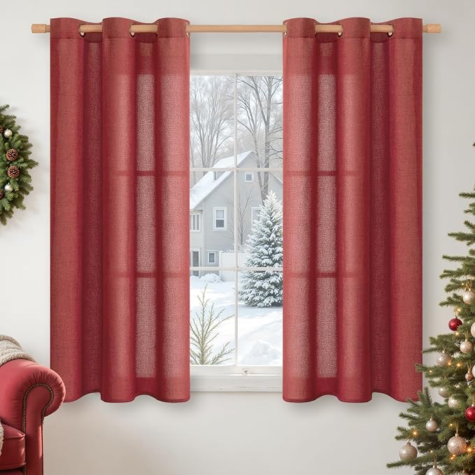 YoungsTex Burgundy Red Linen Curtains 45 Inch Length, Short Light Filtering by YoungsTex