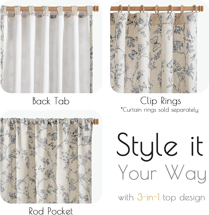 Black Floral Linen Lined Curtains Rod Pocket 50W X 84L 2 Panels | Charlotte - Image 6