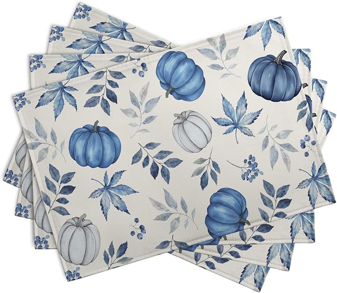 Blue Pumpkin Maple Leaves Fall Placemats Set of 4 Autumn Thanksgiving Harvest - Image 2