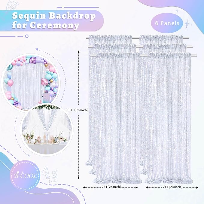Laser Silver Sequin Curtains Backdrop 6 Pcs 2FTx8FT Shiny Shimmer Fabric | - Image 2
