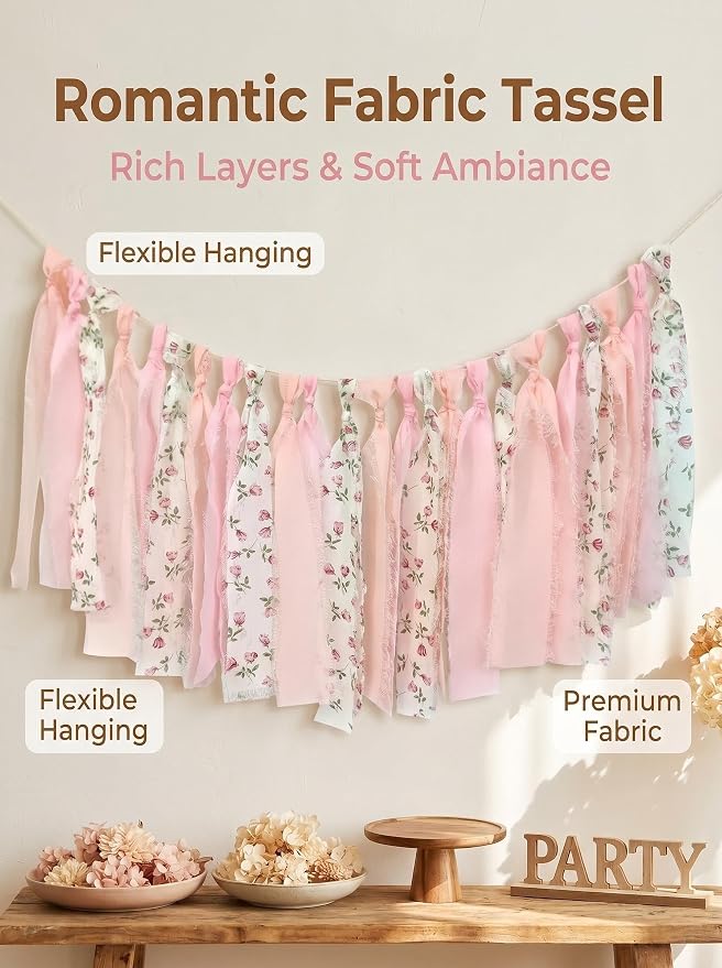 Pink Floral Tsaasel Garland for Wedding Spring Tea Party Haning Chiffon Tassel - Image 6