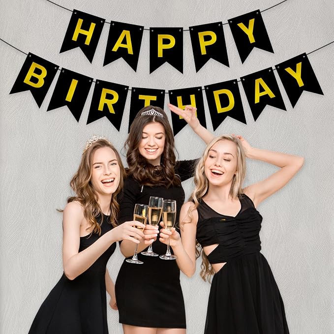 Pre-Strung Black and Gold Happy Birthday Banner Sign - Image 6