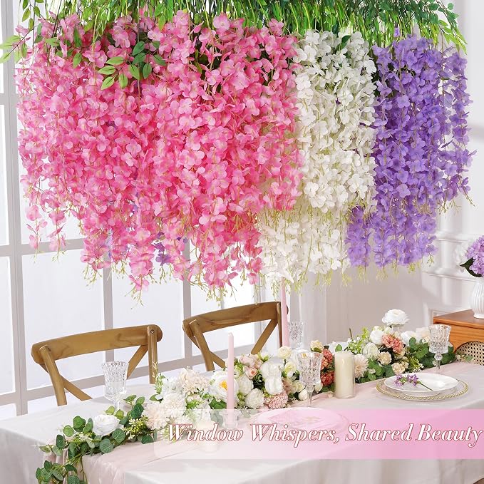 12 Pack Wisteria Hanging Flowers, 3.6 Feet White & Pink & Purple Wisteria - Image 2