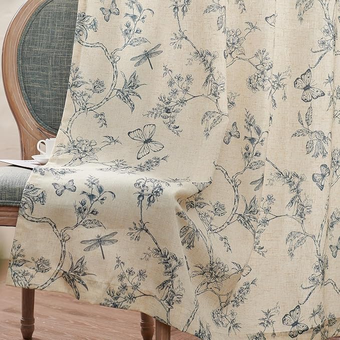 Blue Floral Linen Curtains Farmhouse Rod Pocket 50W X 84L 2 Panels | Charlotte - Image 9