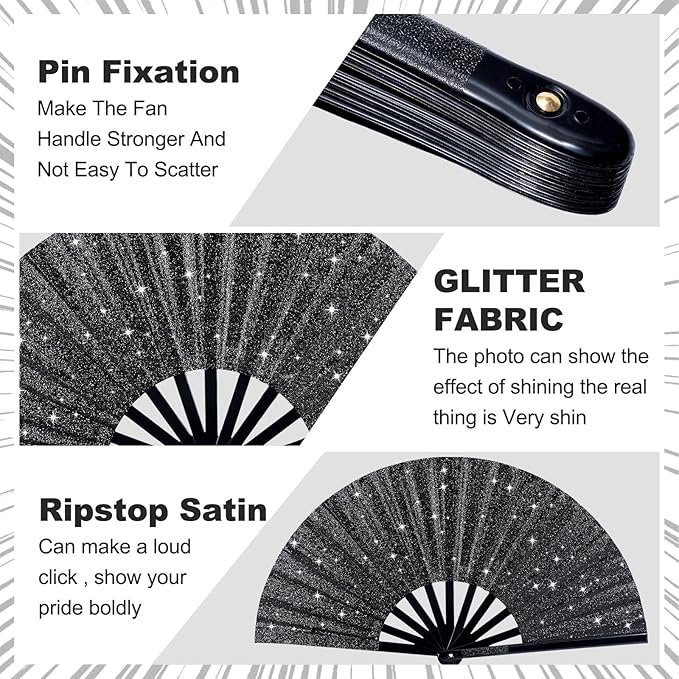 Thyle 6 Pcs Large Folding Fan for Line Dancing Bulk Boots on The Ground Hand Fan Black Popping Clapping Party Favors Decoration Gift for Edm Festival Club Summer(Classical)