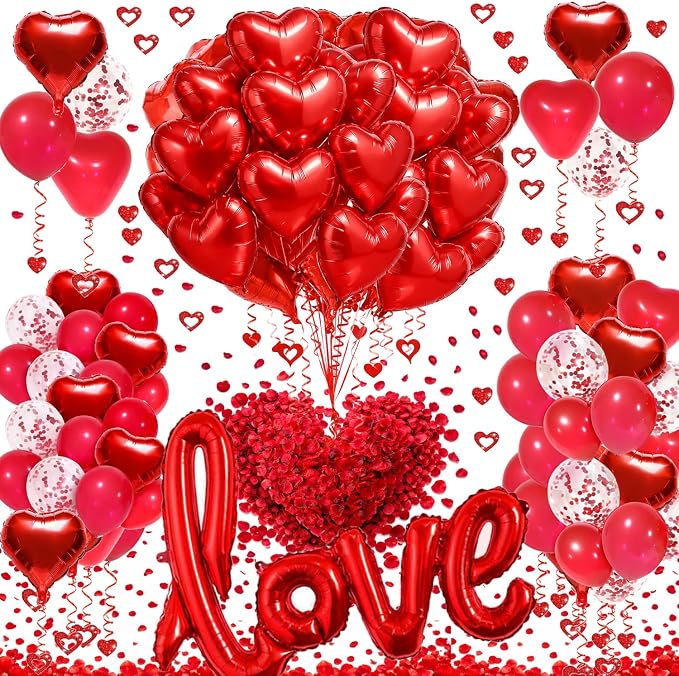 Red Heart Balloon Decoration Kit | Latex Balloons, Confetti Balloons, Rose by SUNPROUND