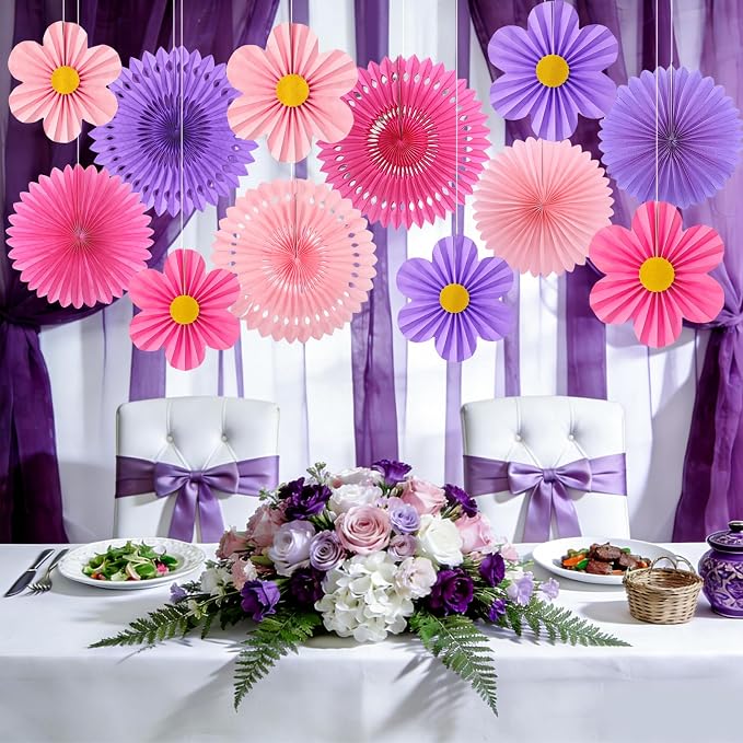 ADLKGG 12 Pcs Pink Purple Party Decorations, Paper Fans Flower Wall | Twelve - Image 5