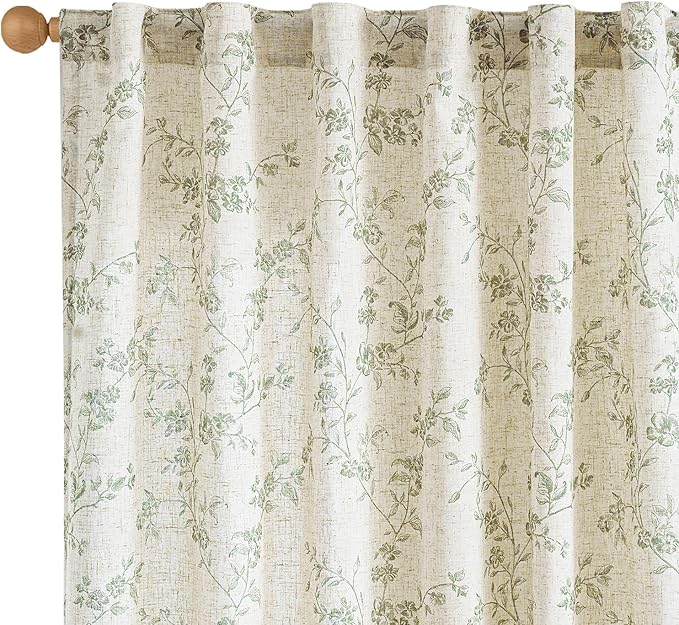 Green Vintage Floral Linen Curtains Farmhouse 50W X 63L 2 Panels | Elisa Series by Lazzzy