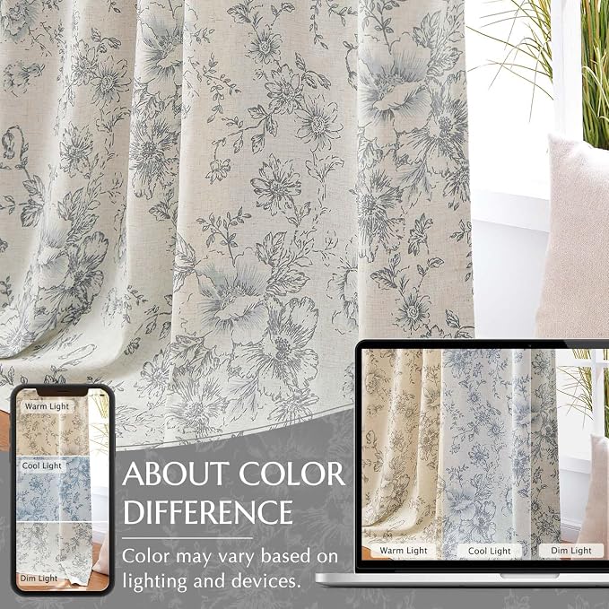 jinchan Grey Floral Linen Blackout Curtains Lined 84 Inch Back Tab 2 Panels | - Image 6