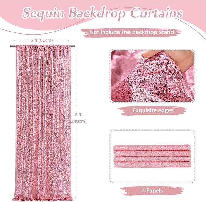 Sequin Backdrop 4 Pcs 2ftx8ft Glitter Blush Pink Party Backdrop Curtain Wedding - Image 2